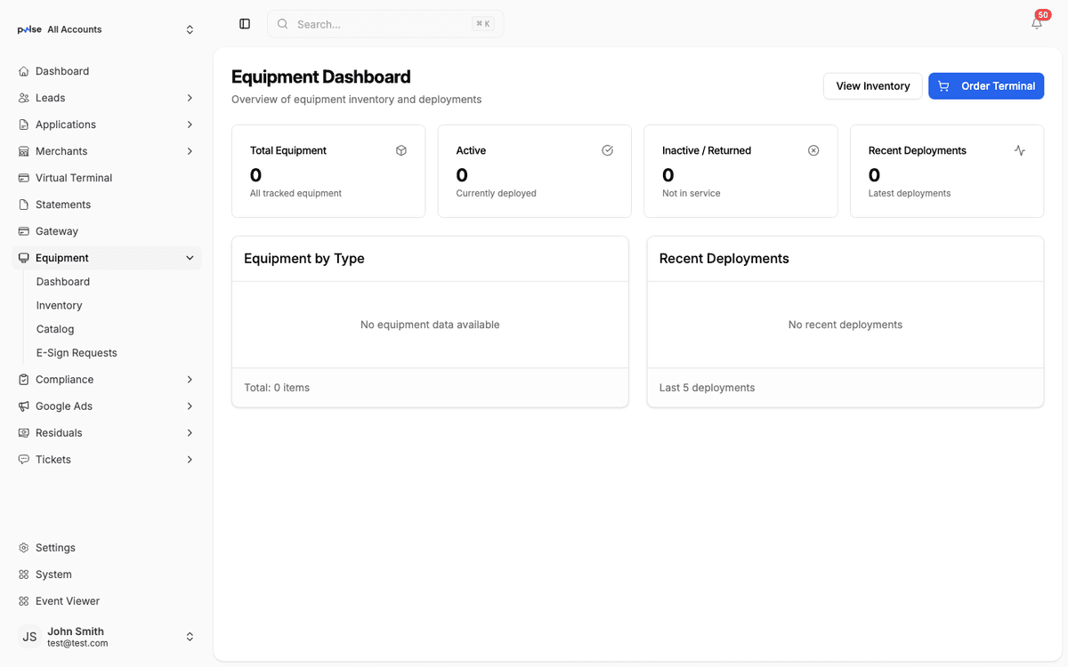 Pulse CRM equipment dashboard showing equipment catalog and inventory management interface
