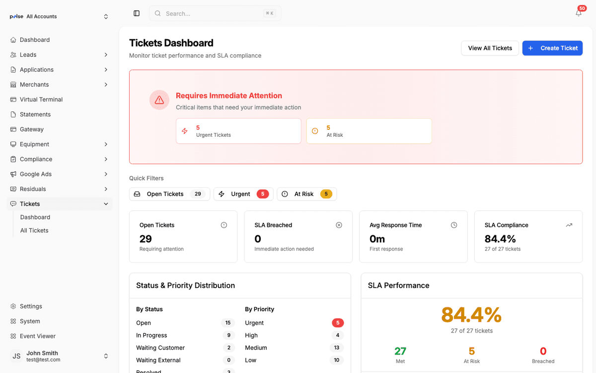 Pulse CRM tickets dashboard showing SLA metrics, status distribution, and open ticket list with priority levels